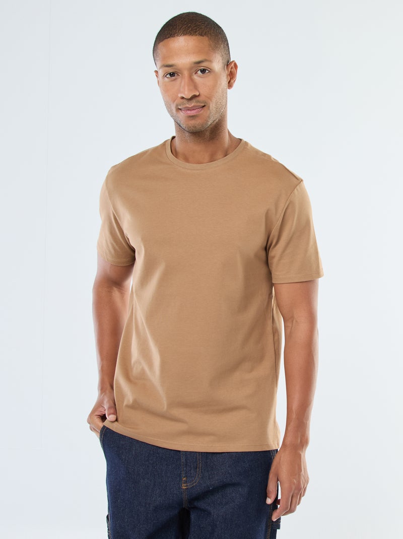 Camiseta de algodón con cuello redondo Beige - Kiabi