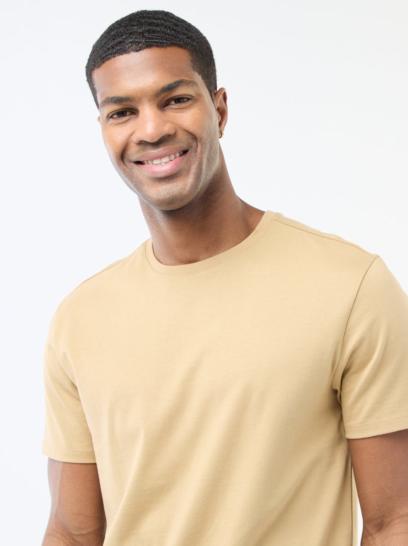 Camiseta de algodón con cuello redondo Beige - Kiabi