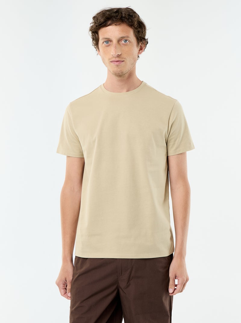 Camiseta de algodón con cuello redondo Beige - Kiabi