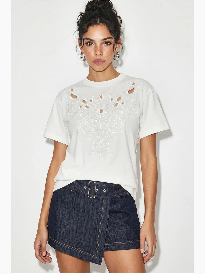 Camiseta de algodón con cuello redondo bordada lucci Blanco - Kiabi