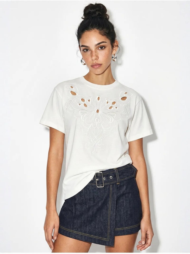 Camiseta de algodón con cuello redondo bordada lucci Blanco - Kiabi