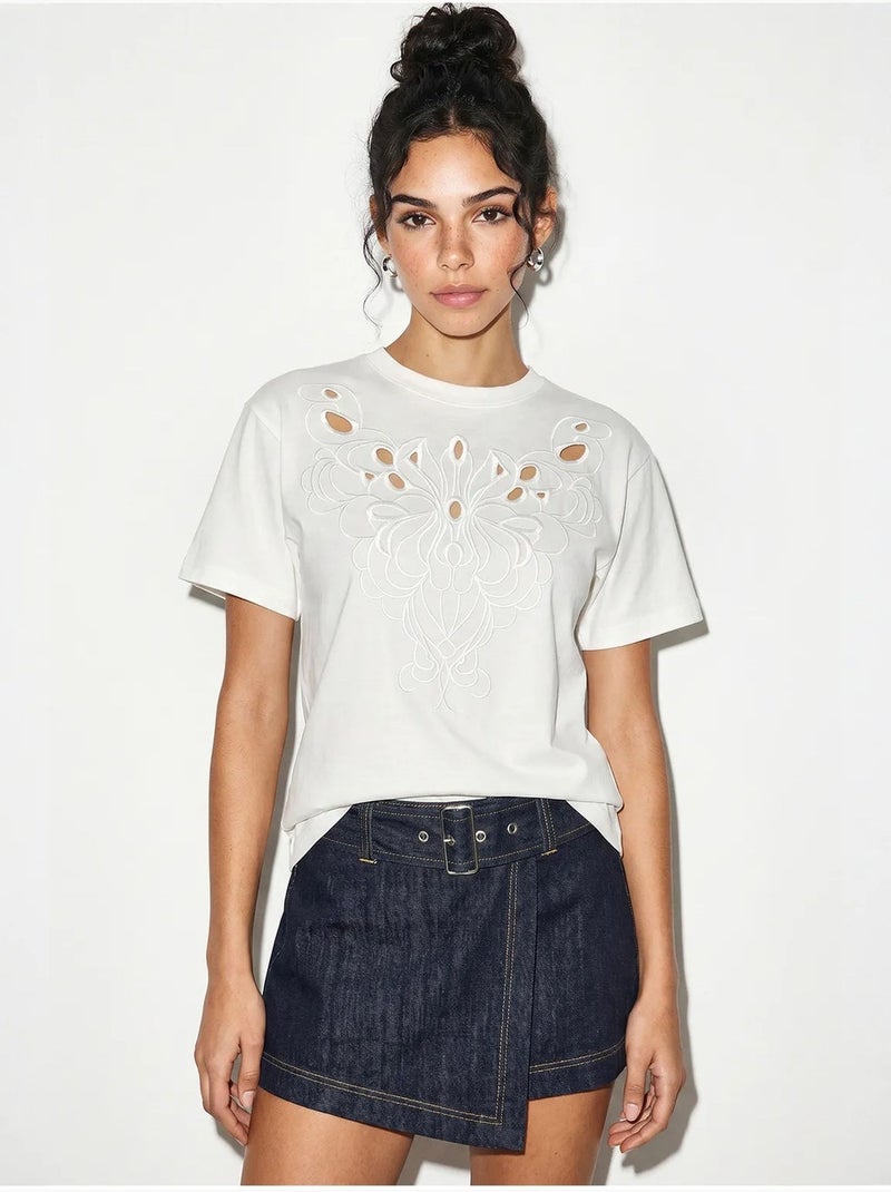 Camiseta de algodón con cuello redondo bordada lucci Blanco - Kiabi
