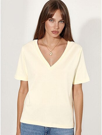 Camiseta de algodón con escote en v de corte regular y color liso busem