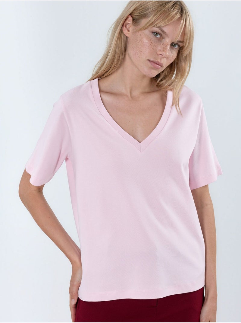 Camiseta de algodón con escote en v de corte regular y color liso busem Rosa claro - Kiabi