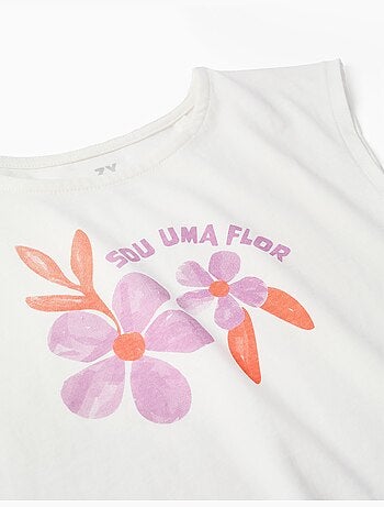 Camiseta de algodón con estampado de flores y flecos