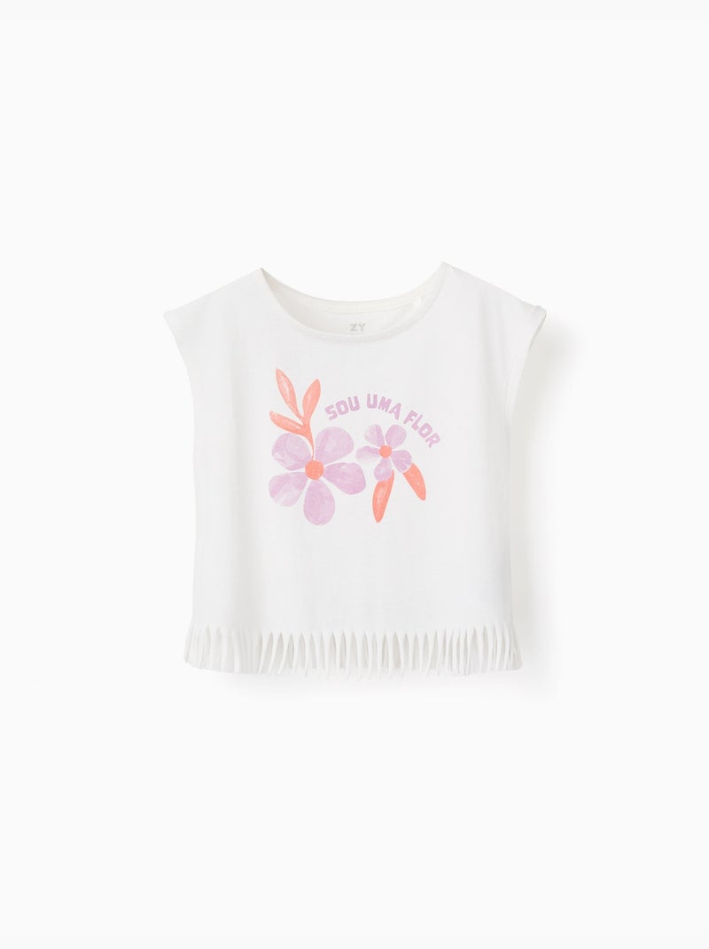 Camiseta de algodón con estampado de flores y flecos Blanco - Kiabi