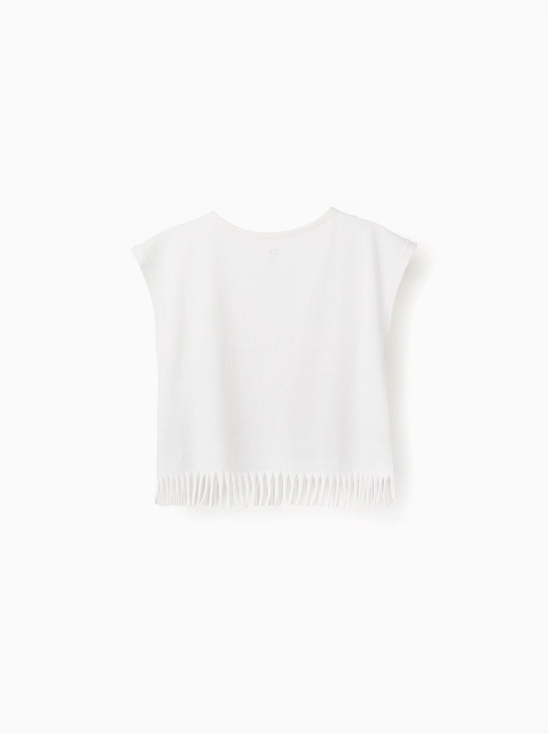 Camiseta de algodón con estampado de flores y flecos Blanco - Kiabi