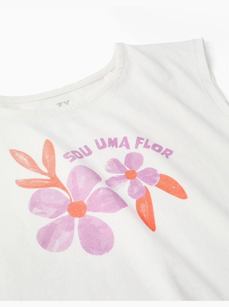 Camiseta de algodón con estampado de flores y flecos Blanco - Kiabi