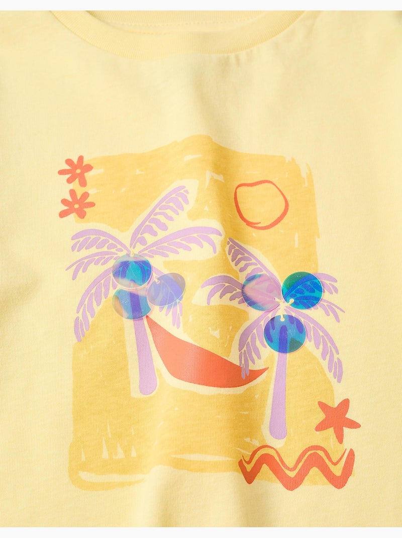 Camiseta de algodón con estampado de palmeras y lentejuelas Amarillo claro - Kiabi