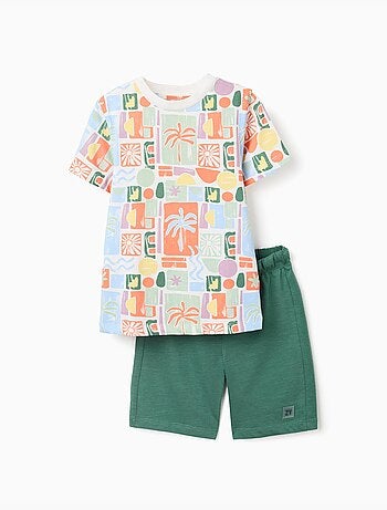 Camiseta de algodón con estampado de playa + pantalón corto