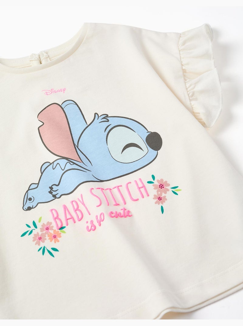 Camiseta de algodón con estampado de Stitch y volantes Beige claro - Kiabi