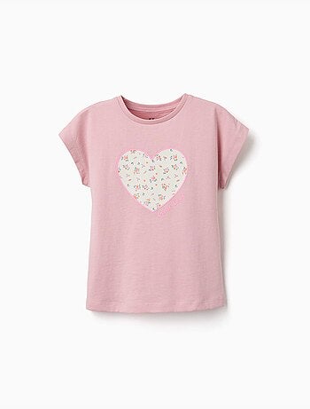 Camiseta de algodón con estampado floral en forma de corazón
