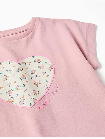 Camiseta de algodón con estampado floral en forma de corazón
