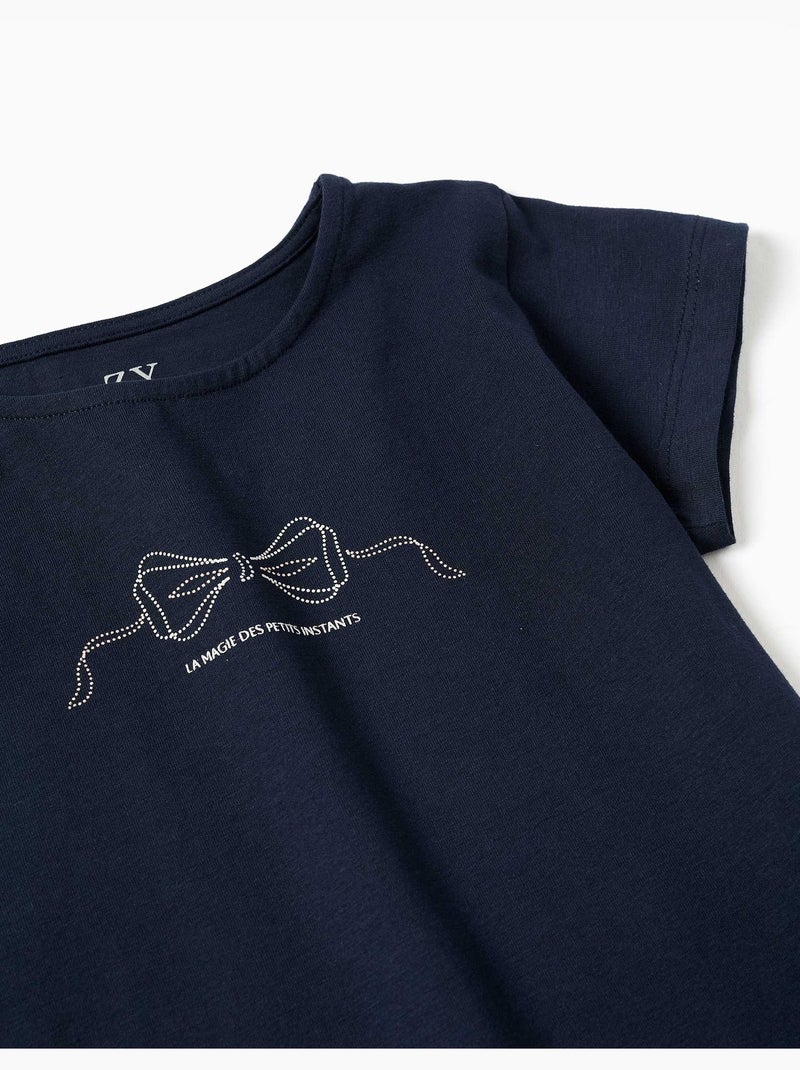Camiseta de algodón con estampado y dobladillo con volantes Azul oscuro - Kiabi