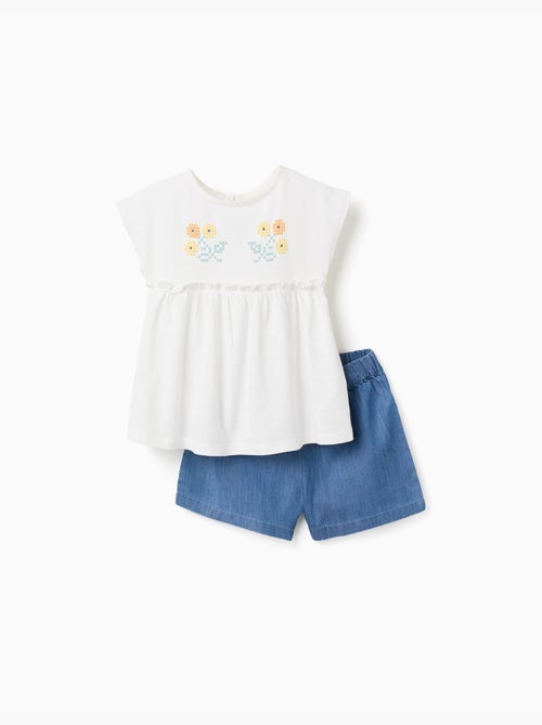 Camiseta de algodón con flores + pantalón corto vaquero - Kiabi