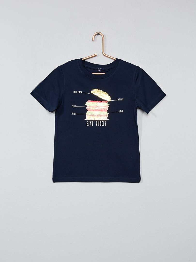 Camiseta de algodón con lentejuelas reversibles azul marino - Kiabi