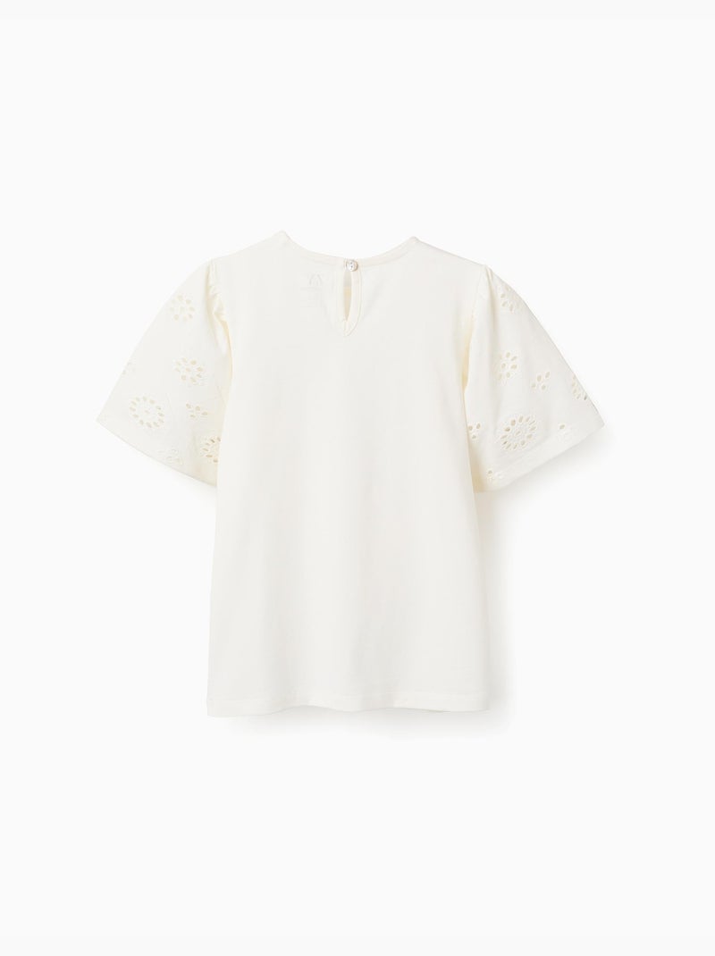 Camiseta de algodón con mangas en bordado inglés Beige claro - Kiabi