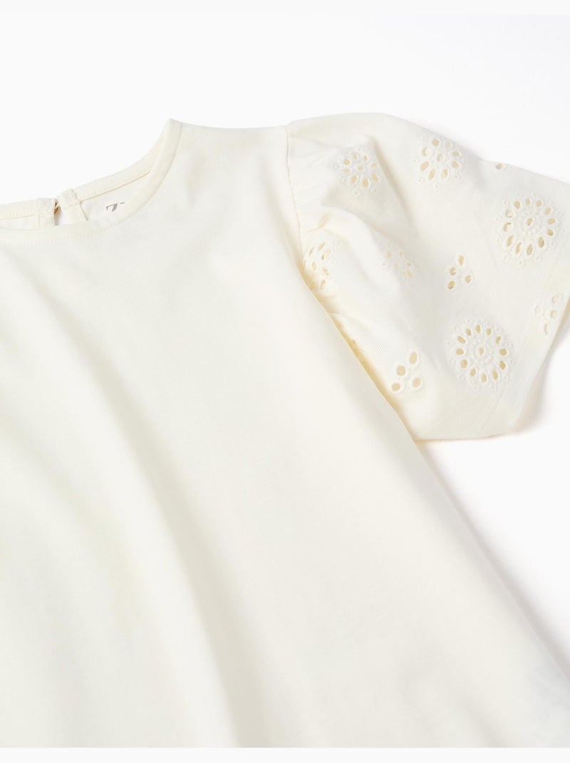 Camiseta de algodón con mangas en bordado inglés Beige claro - Kiabi