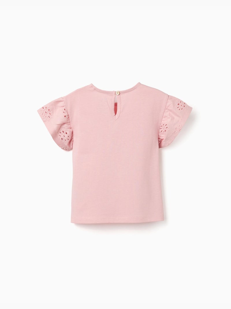 Camiseta de algodón con mangas en bordado inglés Rosa claro - Kiabi