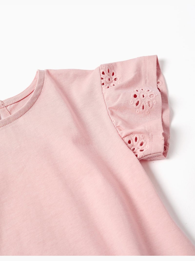 Camiseta de algodón con mangas en bordado inglés Rosa claro - Kiabi