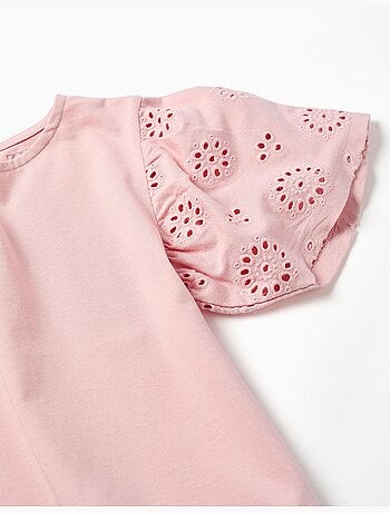 Camiseta de algodón con mangas en bordado inglés