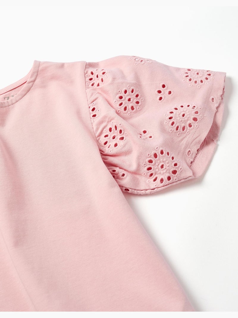 Camiseta de algodón con mangas en bordado inglés Rosa claro - Kiabi