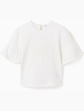 Camiseta de algodón con volantes y lazo bordado