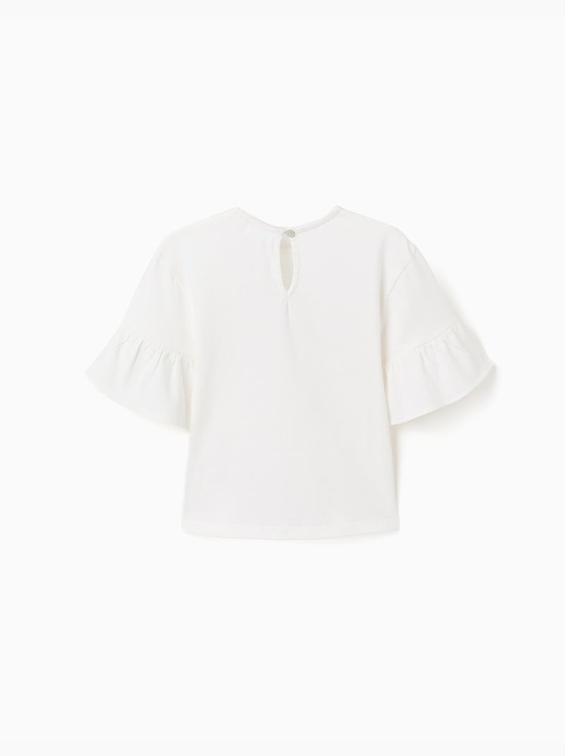 Camiseta de algodón con volantes y lazo bordado Blanco - Kiabi