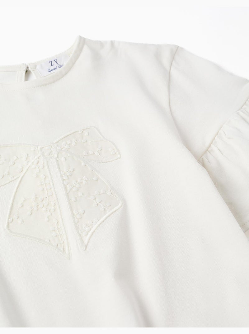 Camiseta de algodón con volantes y lazo bordado Blanco - Kiabi