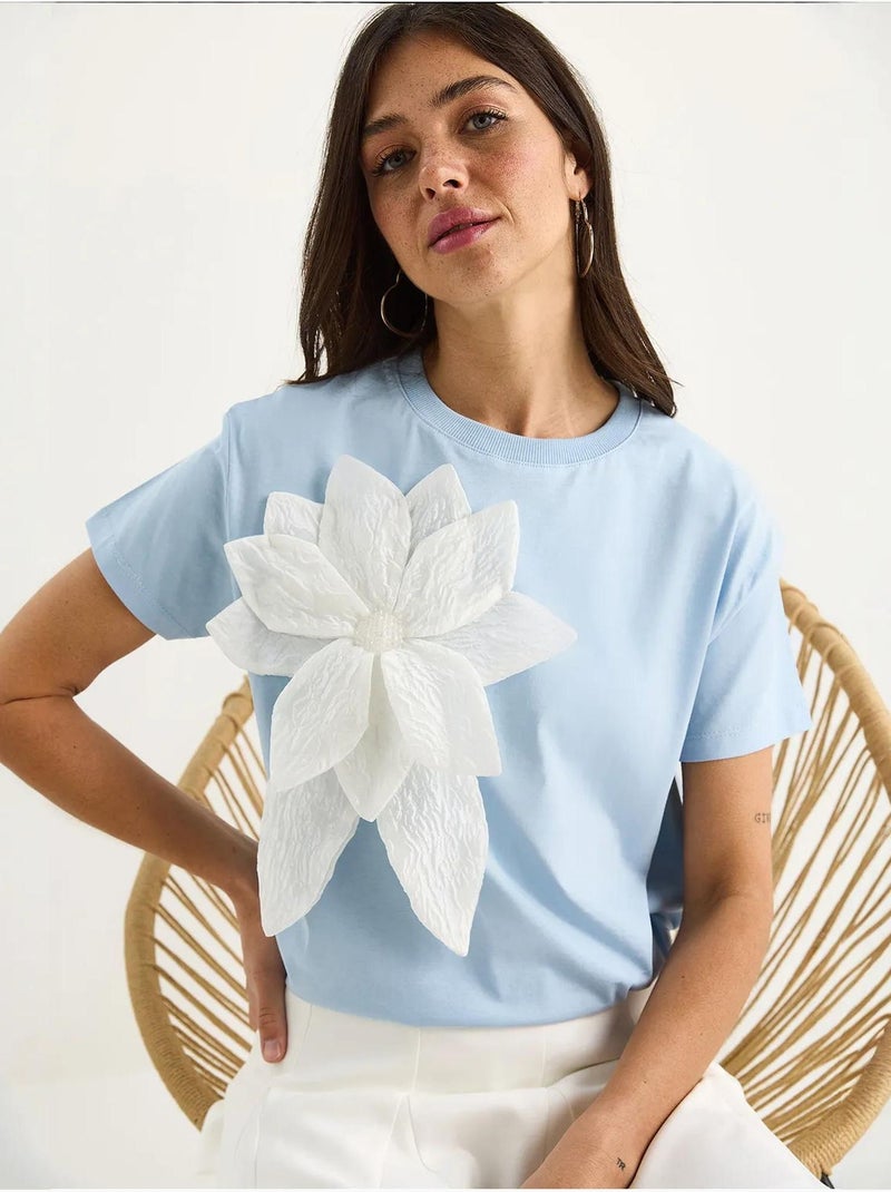 Camiseta de algodón de manga corta con accesorio floral lucci Azul cielo - Kiabi
