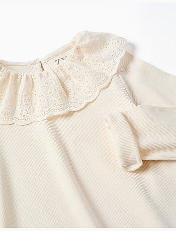 Camiseta de algodón de manga larga con bordado inglés