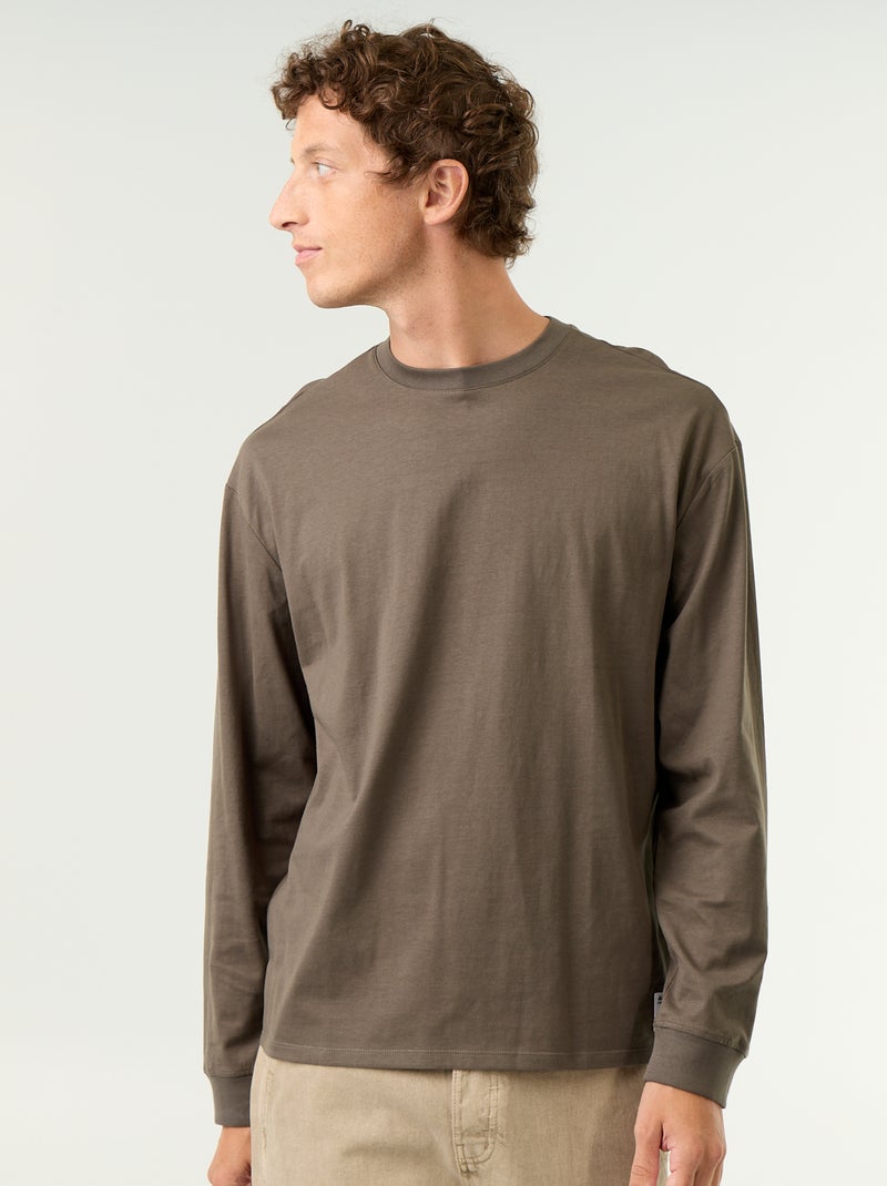 Camiseta de algodón de manga larga y cuello redondo Kaki - Kiabi