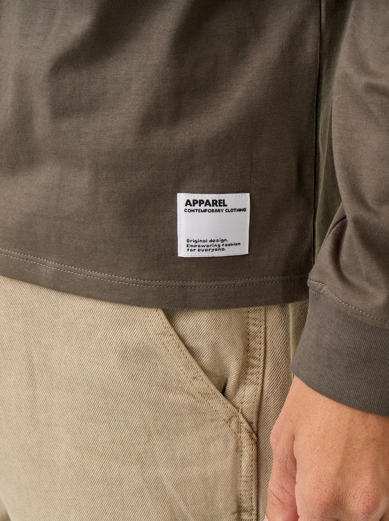 Camiseta de algodón de manga larga y cuello redondo Kaki - Kiabi