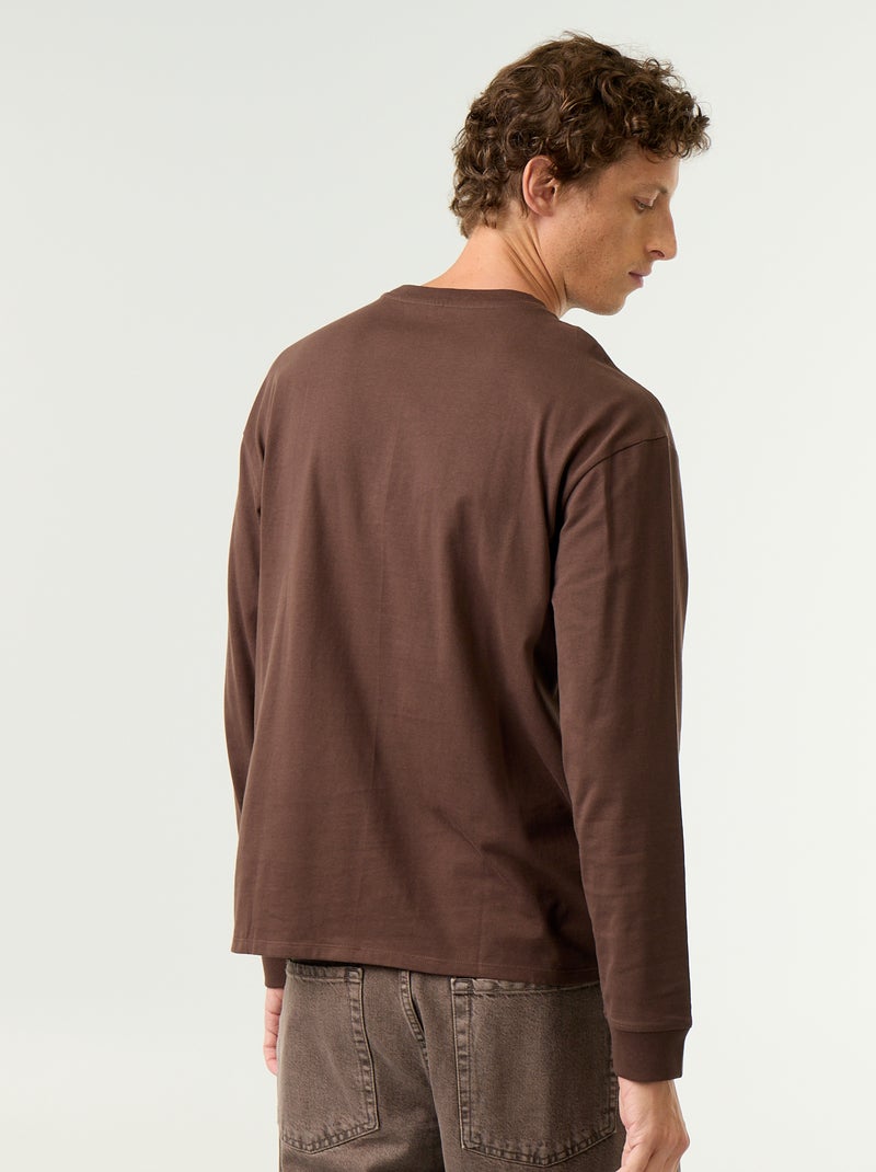Camiseta de algodón de manga larga y cuello redondo Marron - Kiabi