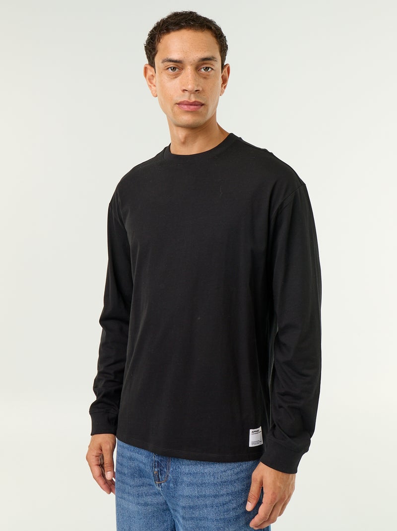 Camiseta de algodón de manga larga y cuello redondo Negro - Kiabi