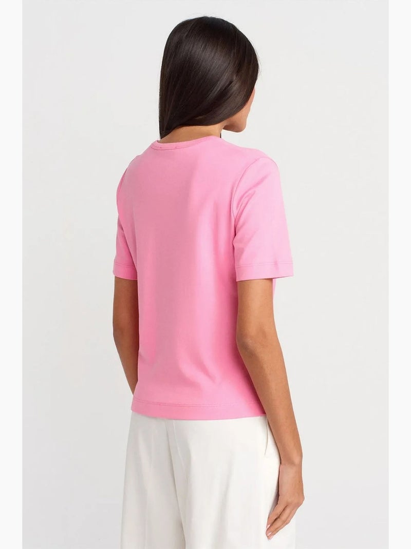 Camiseta de algodón de mujer con cuello en v dilvin Rosa fluo/Solinotes - Kiabi