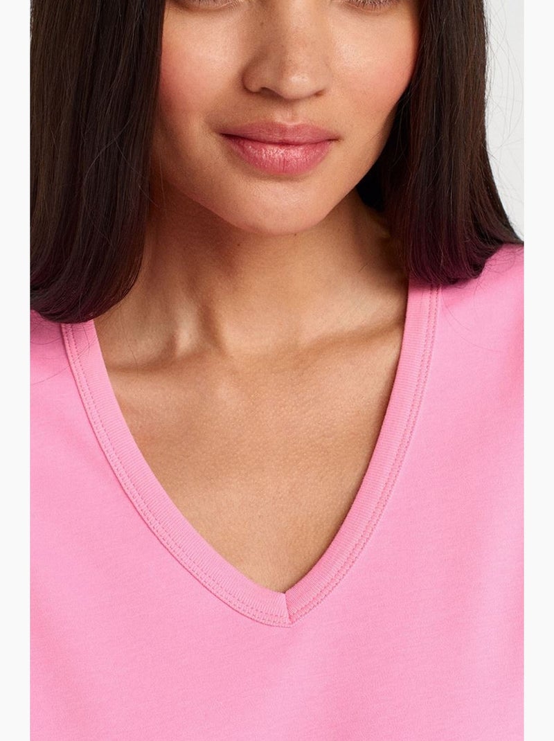 Camiseta de algodón de mujer con cuello en v dilvin Rosa fluo/Solinotes - Kiabi