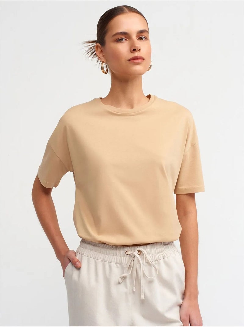 Camiseta de algodón de mujer con cuello redondo dilvin Beige arcilla - Kiabi
