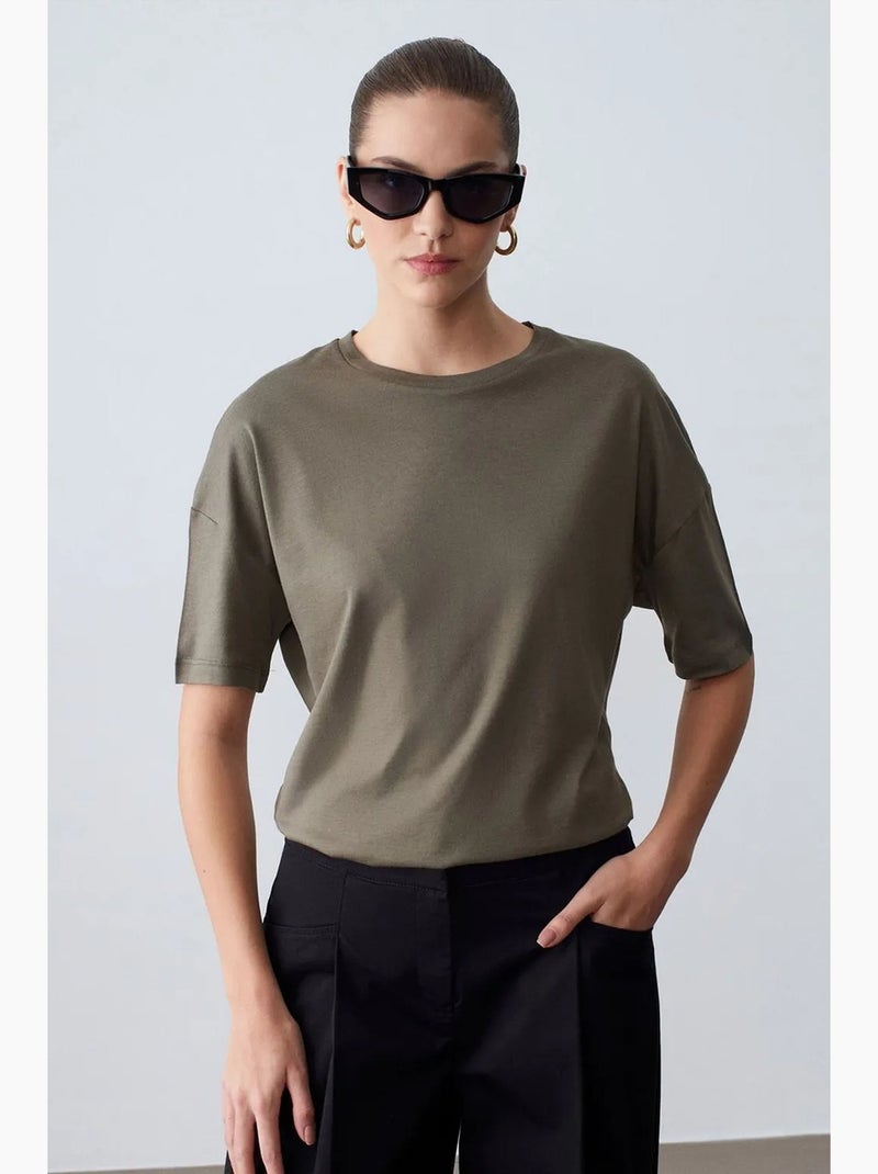 Camiseta de algodón de mujer con cuello redondo dilvin Caqui - Kiabi