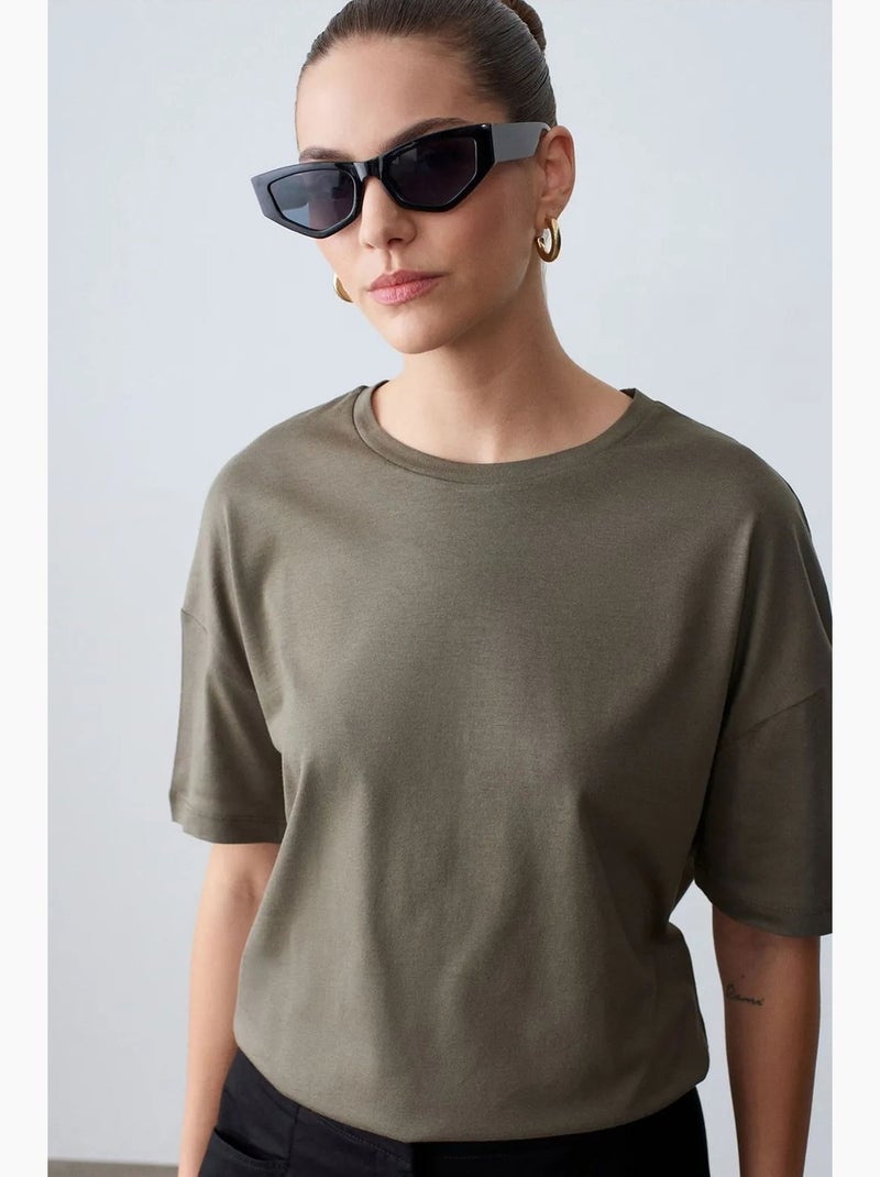 Camiseta de algodón de mujer con cuello redondo dilvin Caqui - Kiabi