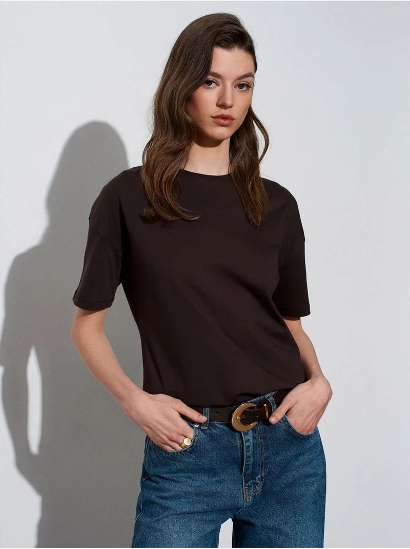 Camiseta de algodón de mujer con cuello redondo dilvin Marrón chocolate - Kiabi