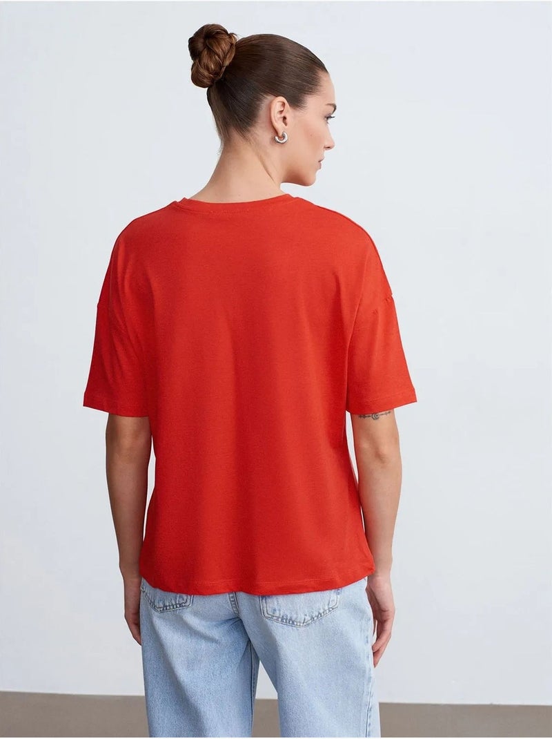 Camiseta de algodón de mujer con cuello redondo dilvin Rojo - Kiabi