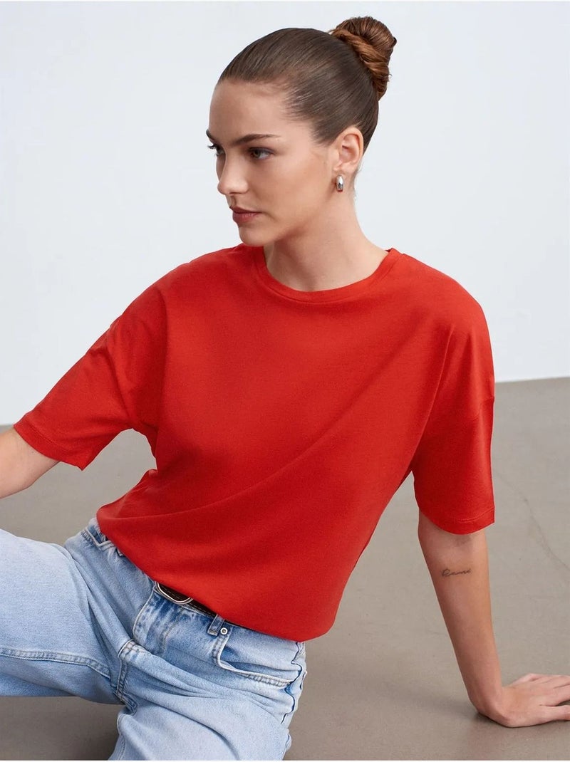 Camiseta de algodón de mujer con cuello redondo dilvin Rojo - Kiabi