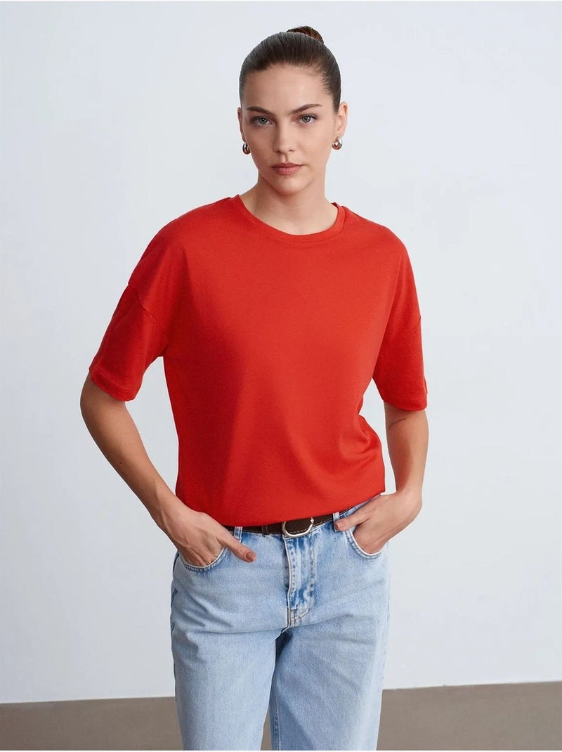 Camiseta de algodón de mujer con cuello redondo dilvin Rojo - Kiabi