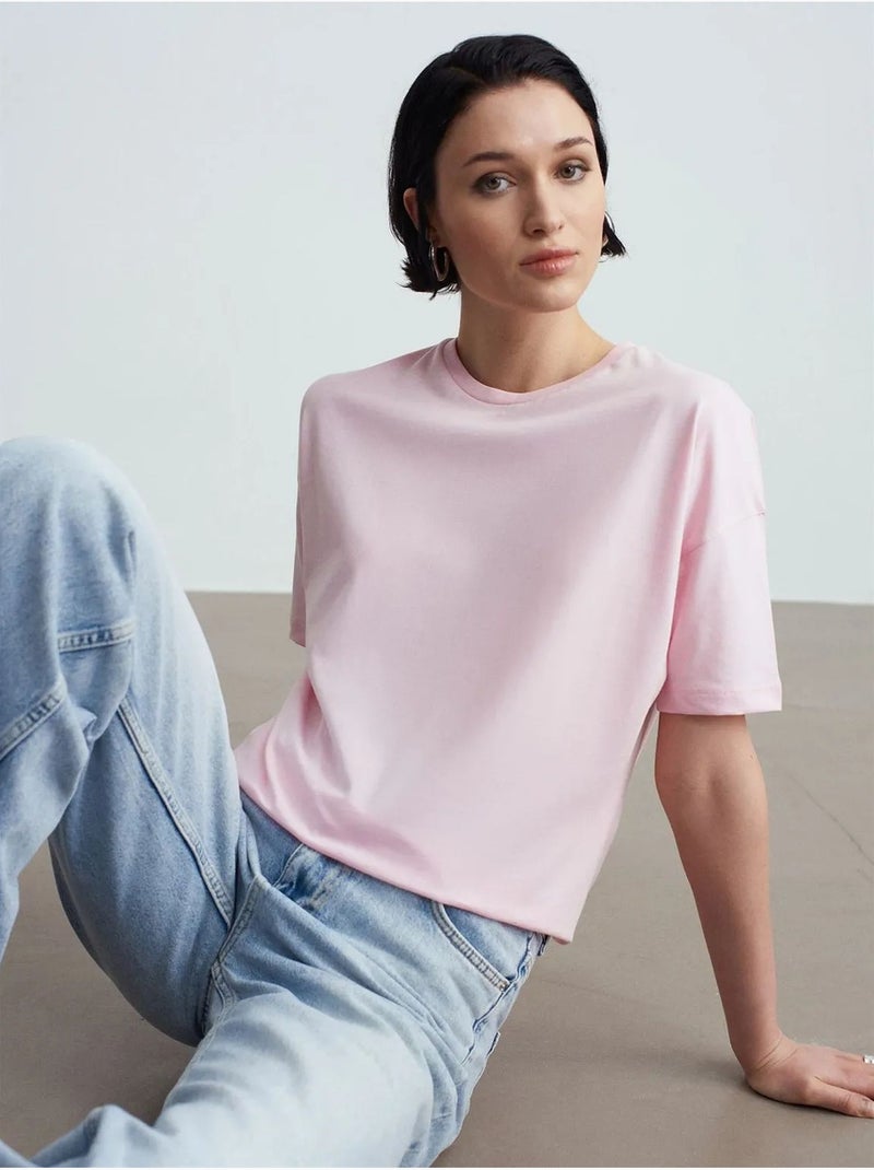 Camiseta de algodón de mujer con cuello redondo dilvin Rosa almendra - Kiabi