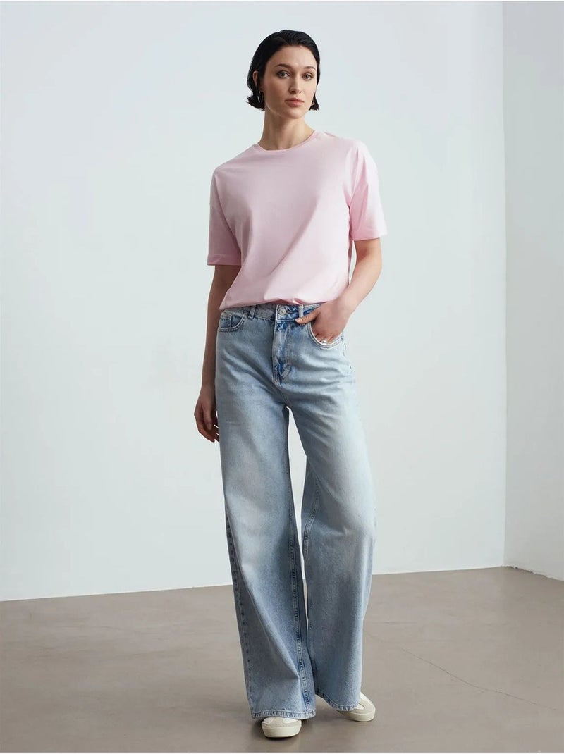 Camiseta de algodón de mujer con cuello redondo dilvin Rosa almendra - Kiabi