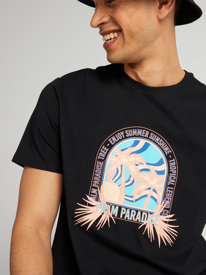 Camiseta de algodón estampada con cuello redondo NEGRO - Kiabi