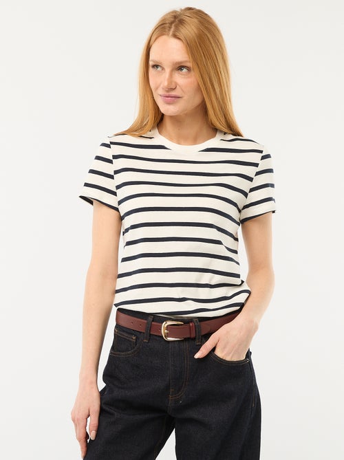 Camiseta de algodón estampada con cuello redondo para mujer - Kiabi Camiseta de algodón estampada con cuello redondo para mujer - Kiabi