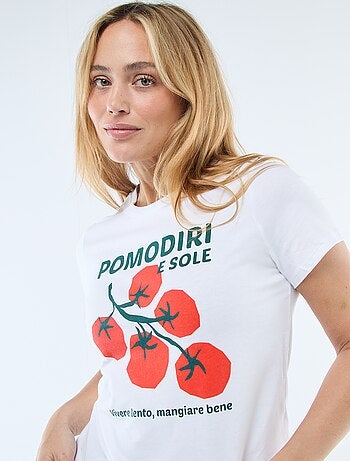 Camiseta de algodón estampada con cuello redondo para mujer