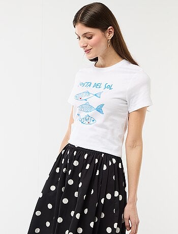 Camiseta de algodón estampada con cuello redondo para mujer